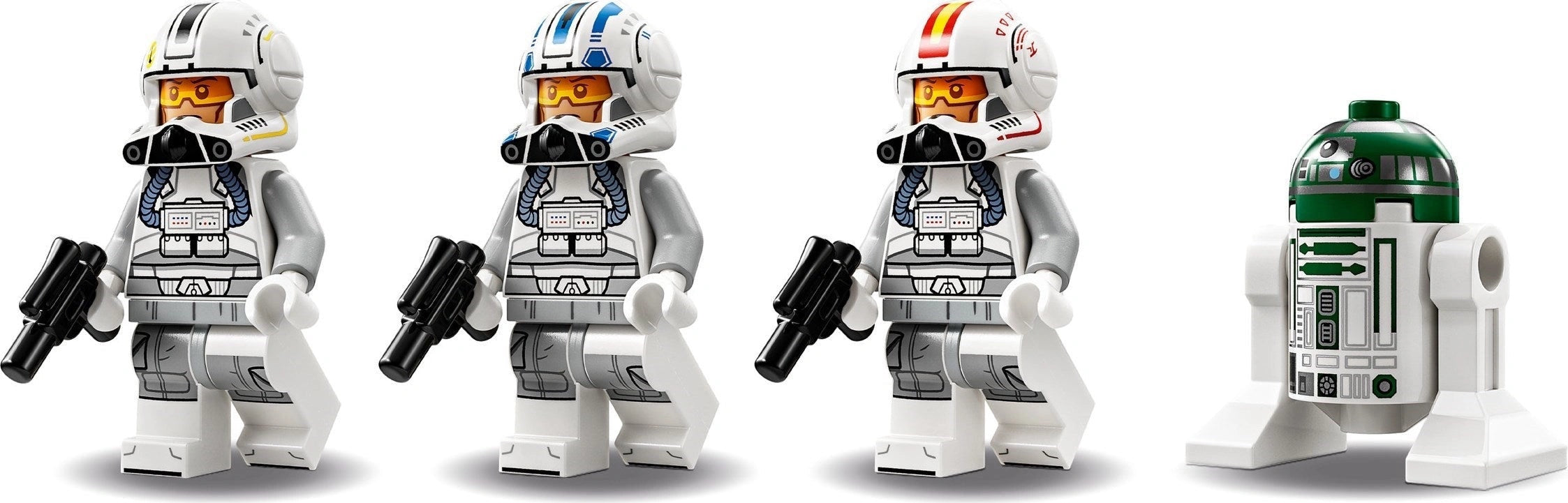 Four LEGO figures in space-themed outfits with a droid on a white background