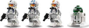 Four LEGO figures in space-themed outfits with a droid on a white background