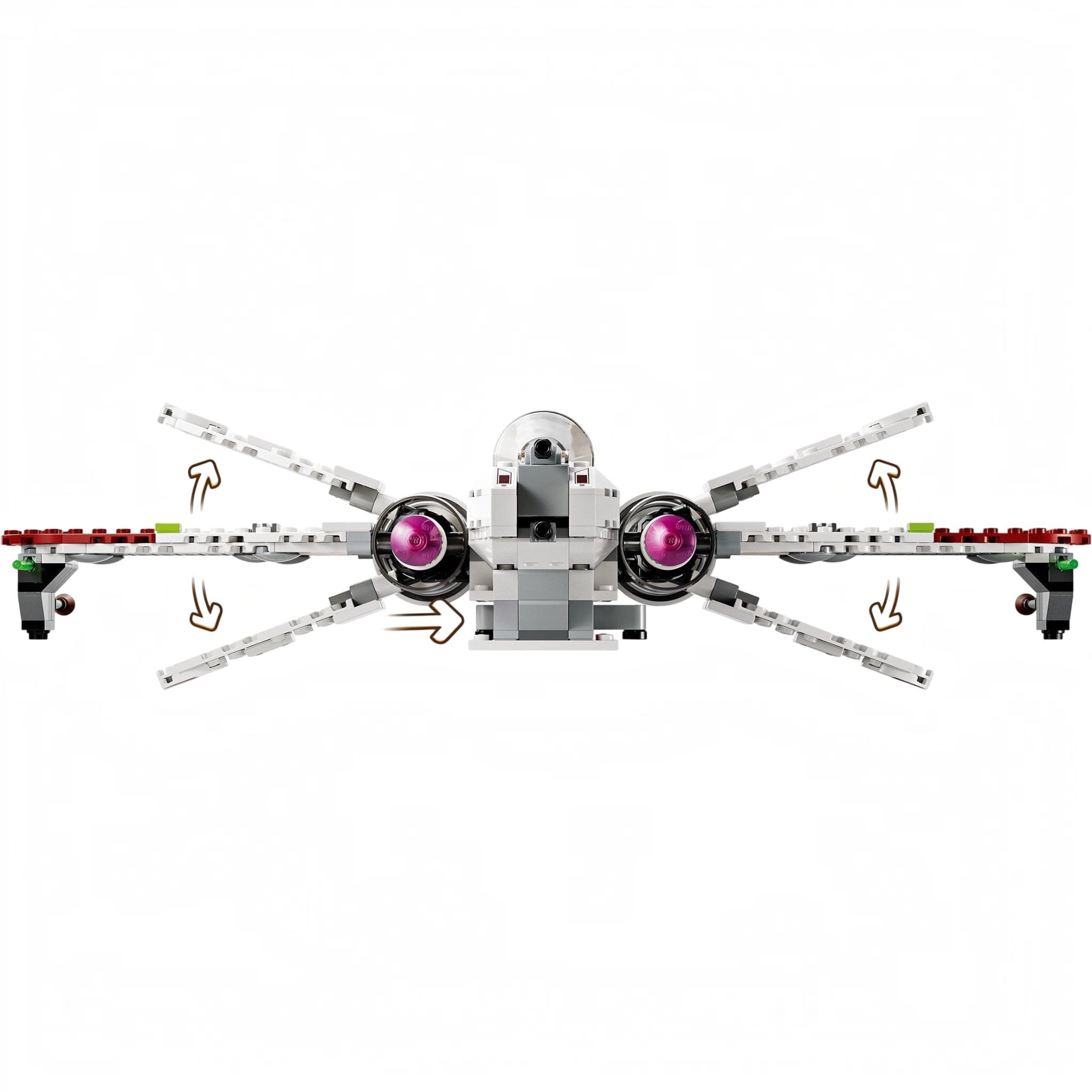 Toy model of a spaceship with pink engines on a white background