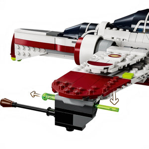 Close-up of a LEGO model with red, white, and black colors on a white background