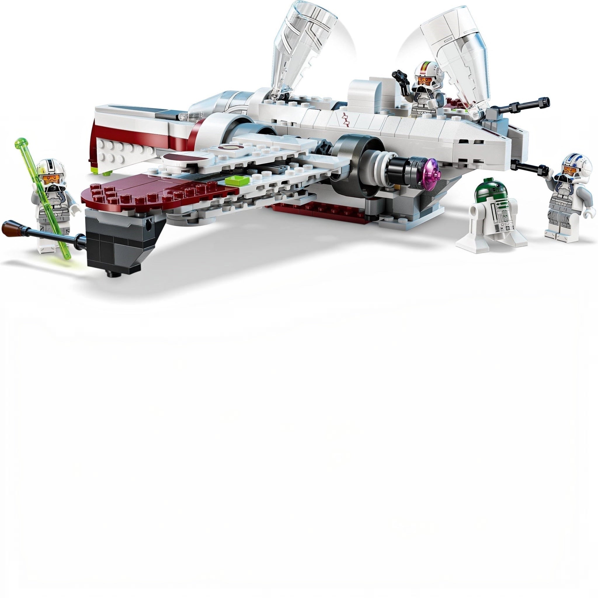 LEGO Star Wars model of a snowspeeder with characters on a white background