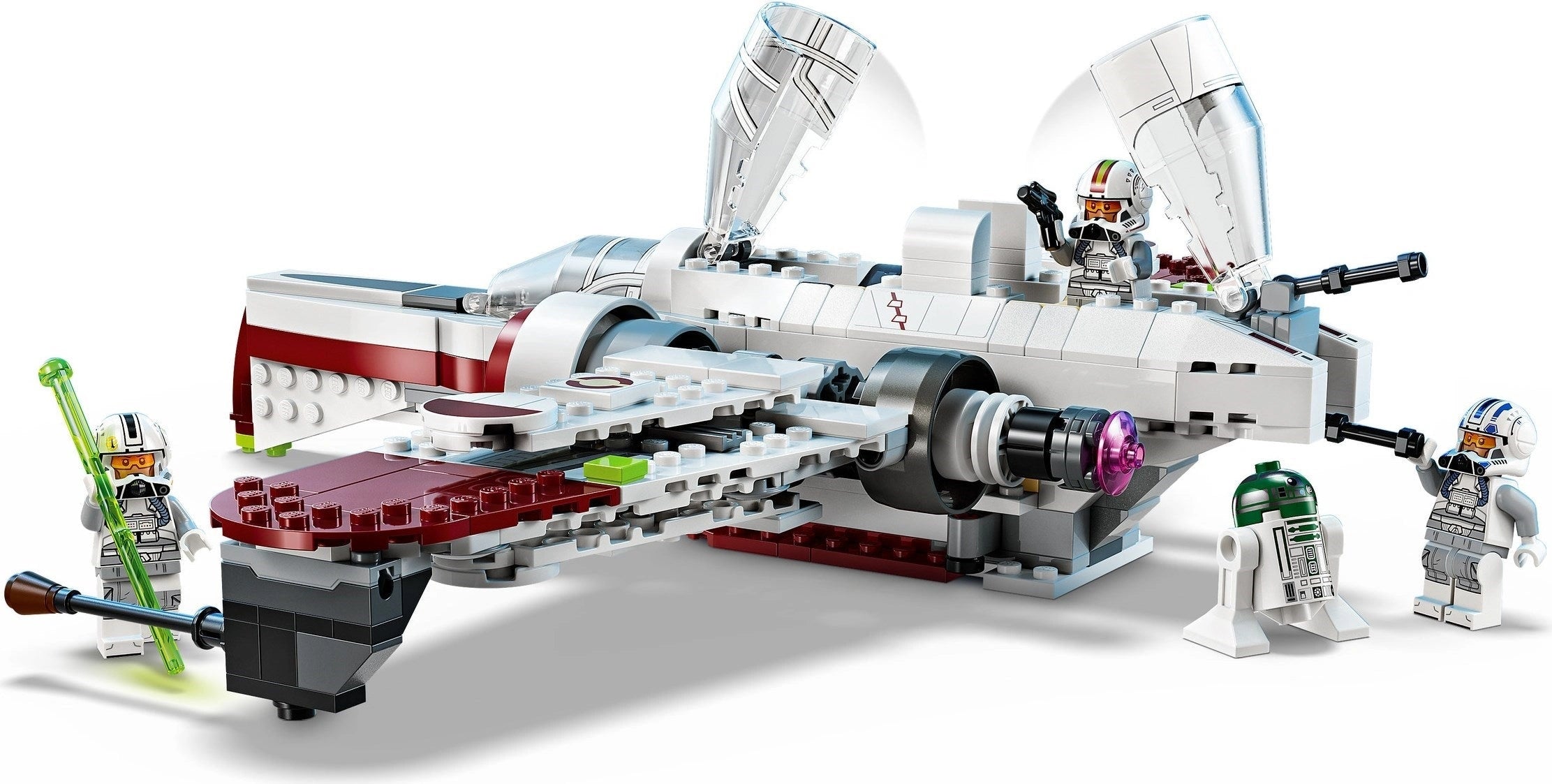 LEGO Star Wars model of a snowspeeder with characters on a white background