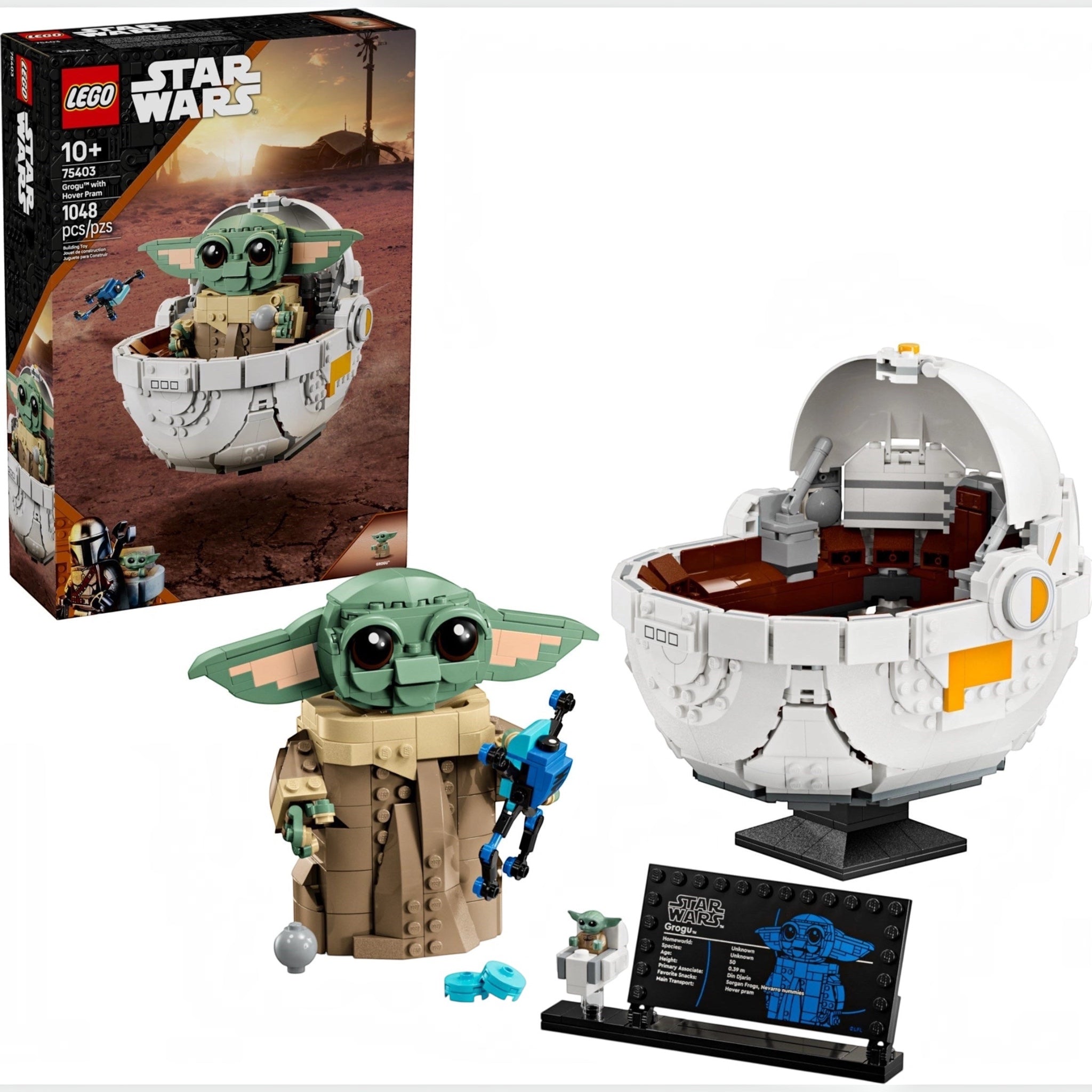 LEGO Star Wars set with Baby Yoda figure and ball structure, including packaging.