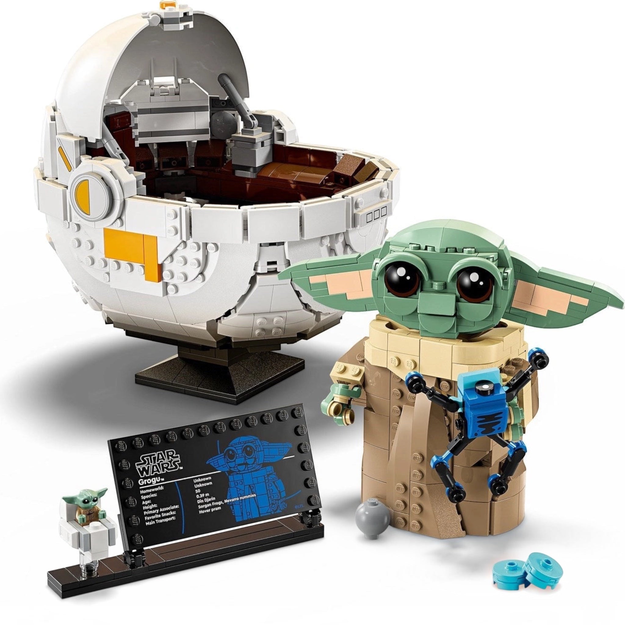 LEGO Baby Yoda figure and Death Star model on a white background