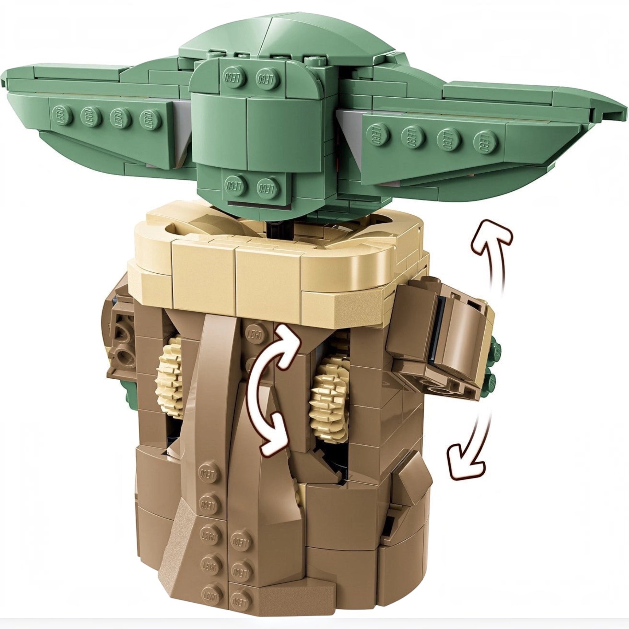 Toy figure of a character with green head and tan body on a white background