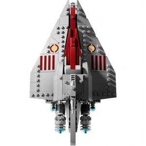 Toy spaceship model made of interlocking bricks on a white background