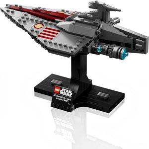 LEGO Star Wars Acclimator Class Assaulter on a stand with a white background