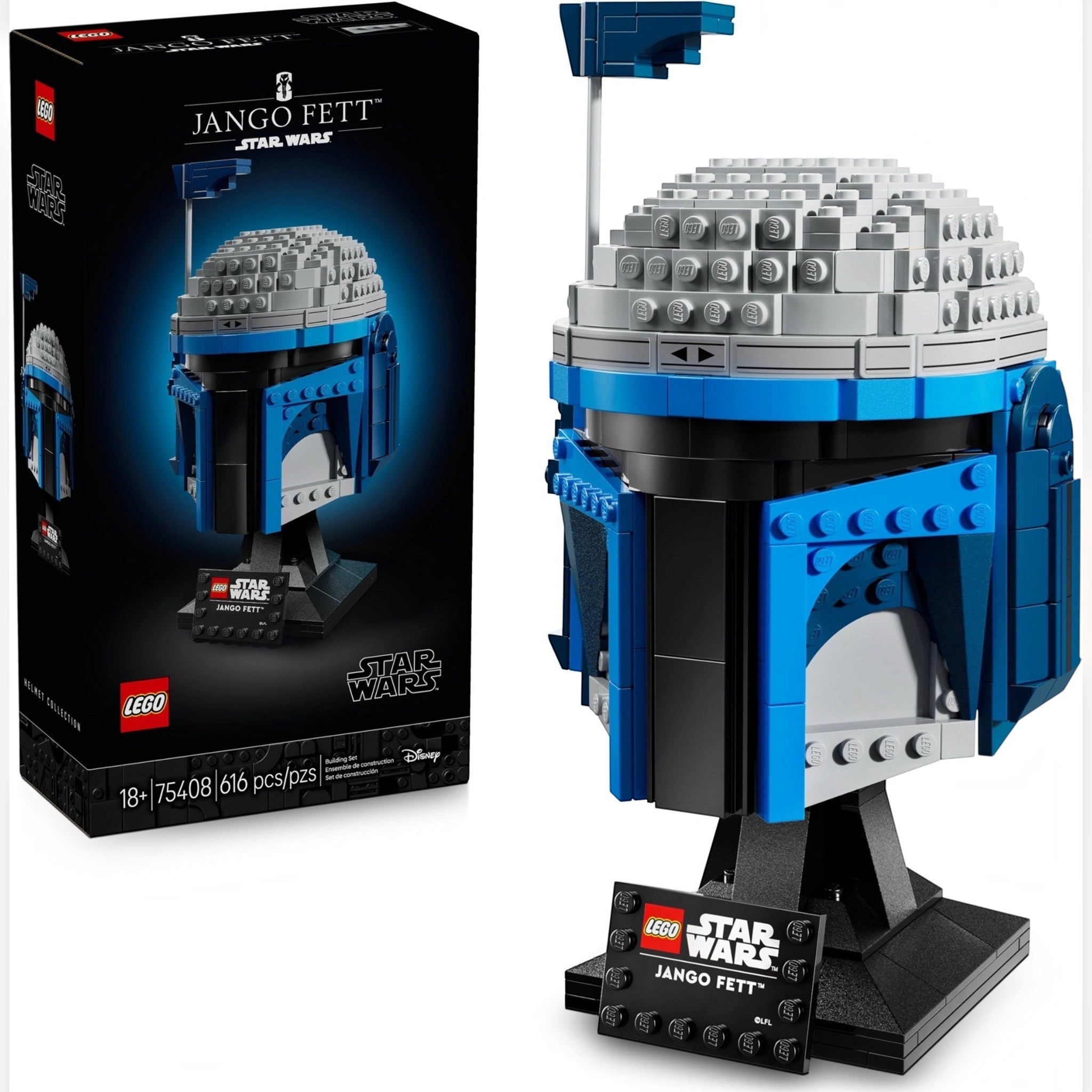LEGO Jango Fett helmet set with packaging on a white background