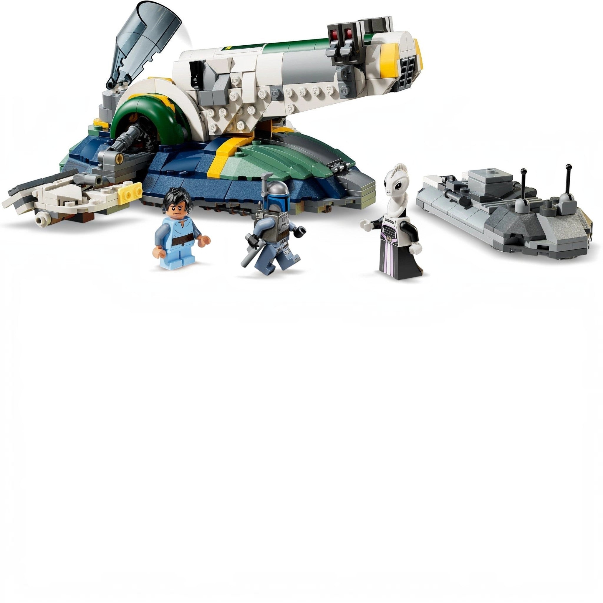LEGO set with spaceship and characters on a white background