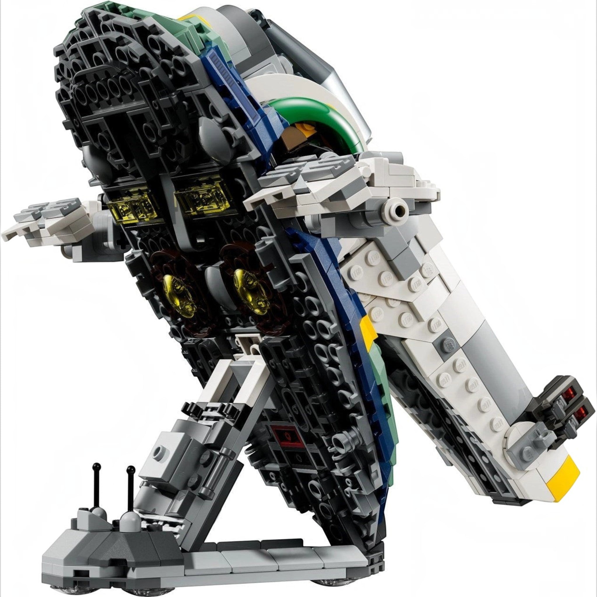 Toy robot model made of interlocking bricks on a white background
