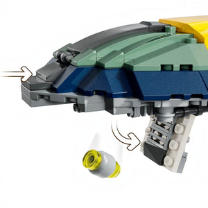 Close-up of a LEGO spaceship model with arrows indicating movement or action.