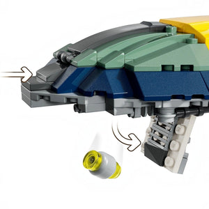 [built-detail] Close-up of a LEGO spaceship model with arrows indicating movement or action.