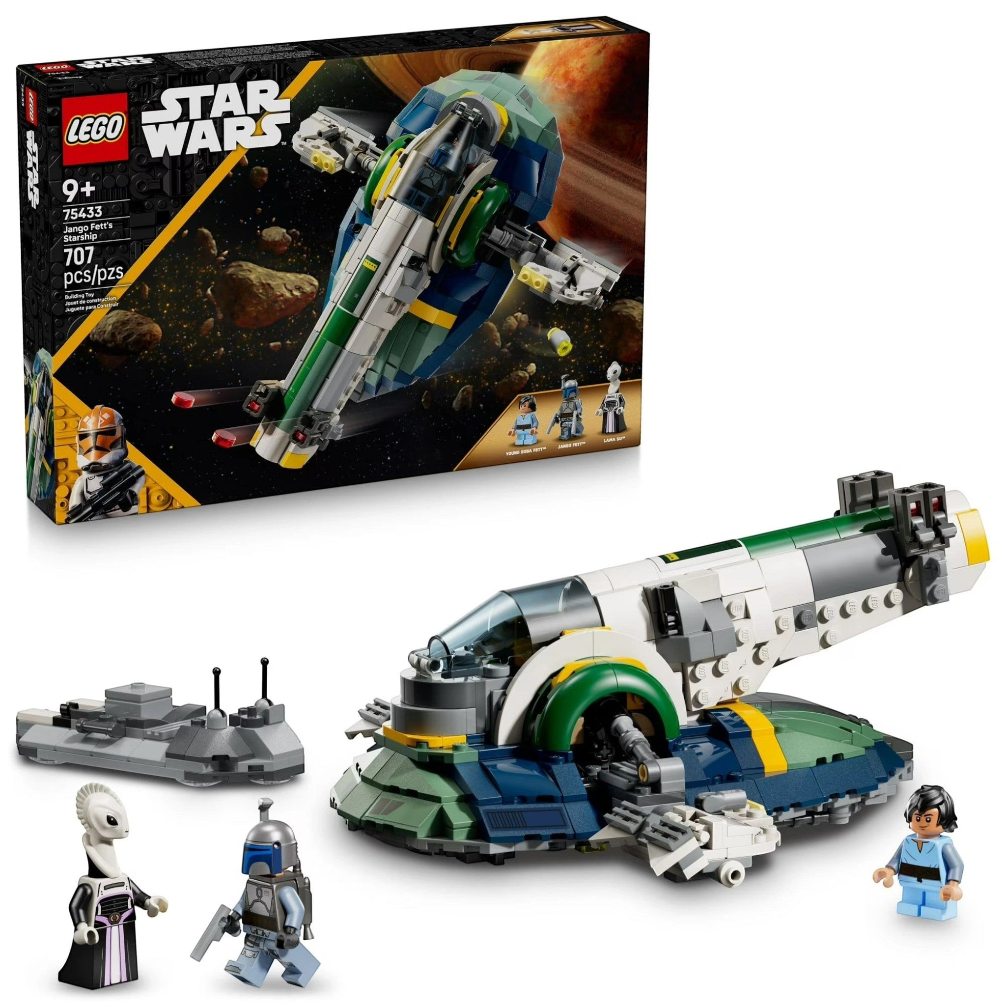 LEGO Star Wars set with spaceship model and packaging on a white background