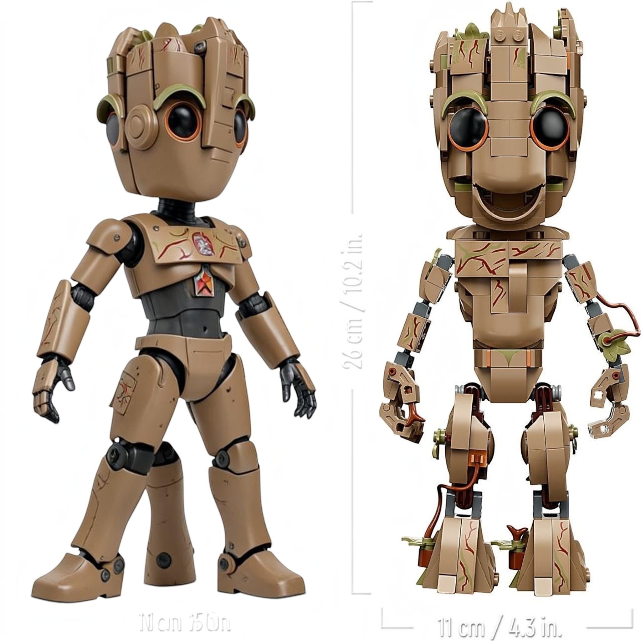 Toy figure of a robot with measurements on a white background