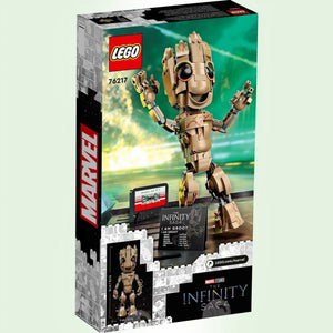 LEGO Marvel Groot figure set packaging with character and text on a scenic background
