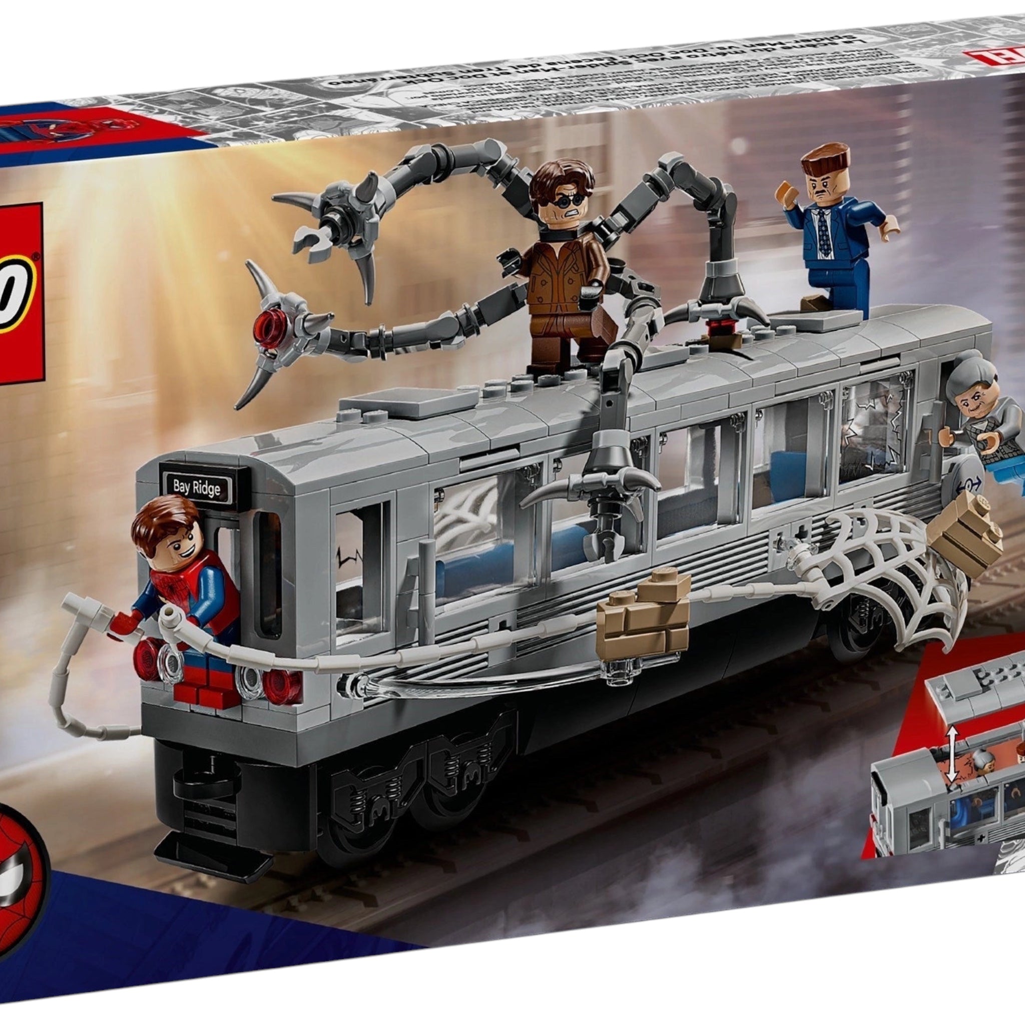 LEGO Marvel Spider-Man toy set packaging with train and characters