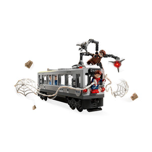 LEGO model of a trolley with spider-themed decorations on a white background