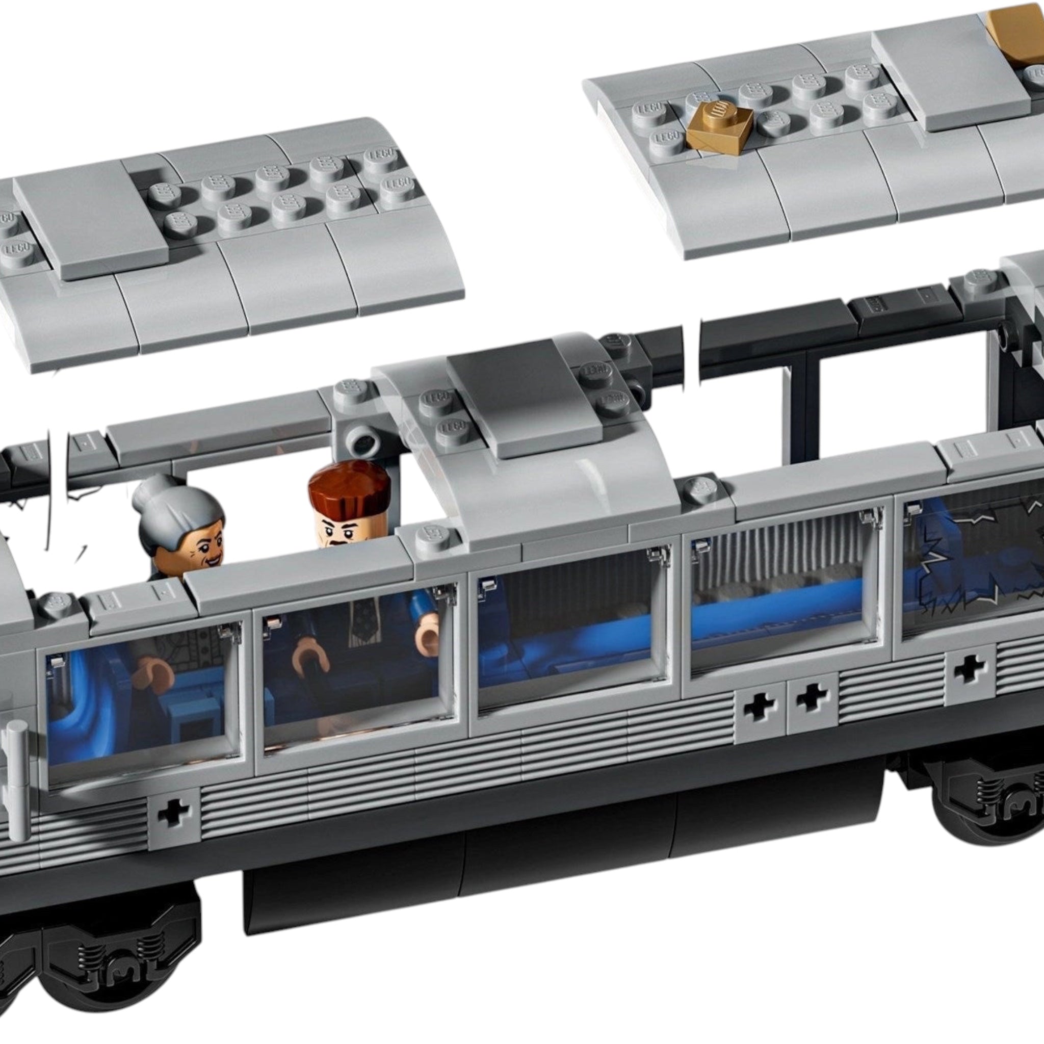 Toy train set with detailed compartments on a white background