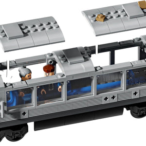 [built-detail] Toy train set with detailed compartments on a white background