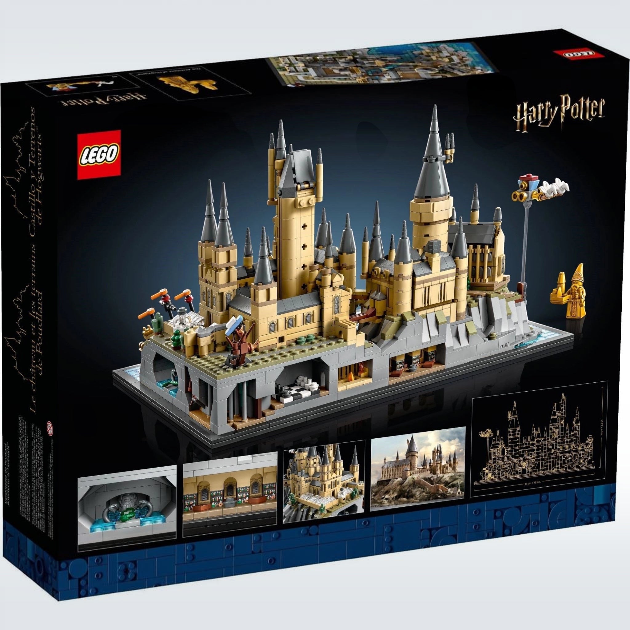 LEGO Harry Potter Hogwarts Castle set packaging with detailed illustrations on a black background