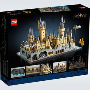 LEGO Harry Potter Hogwarts Castle set packaging with detailed illustrations on a black background