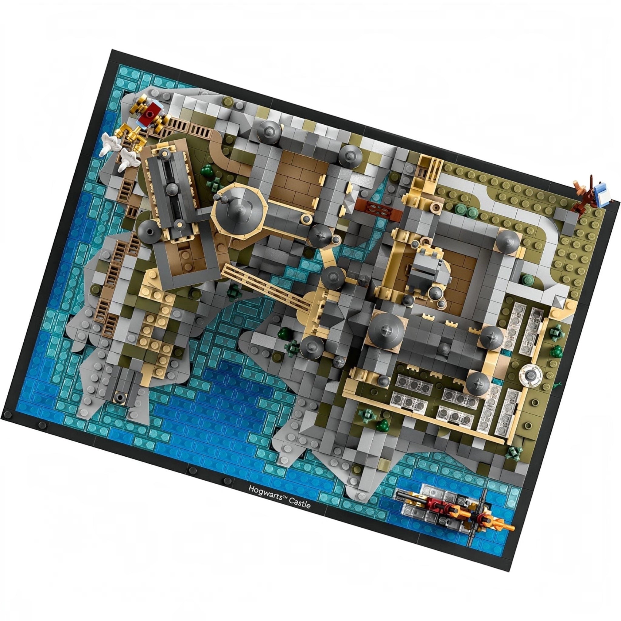 LEGO castle set on a display baseplate with a white background