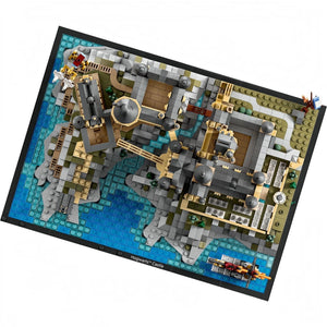 LEGO castle set on a display baseplate with a white background