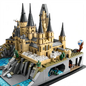 Detailed LEGO model of a castle with multiple towers and architectural elements.