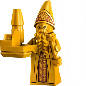 Yellow wizard figure with a hat and beard, holding a pot and cauldron on a white background