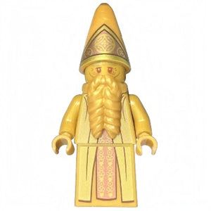 Gold-colored character figure with a pointed hat and robe on a white background