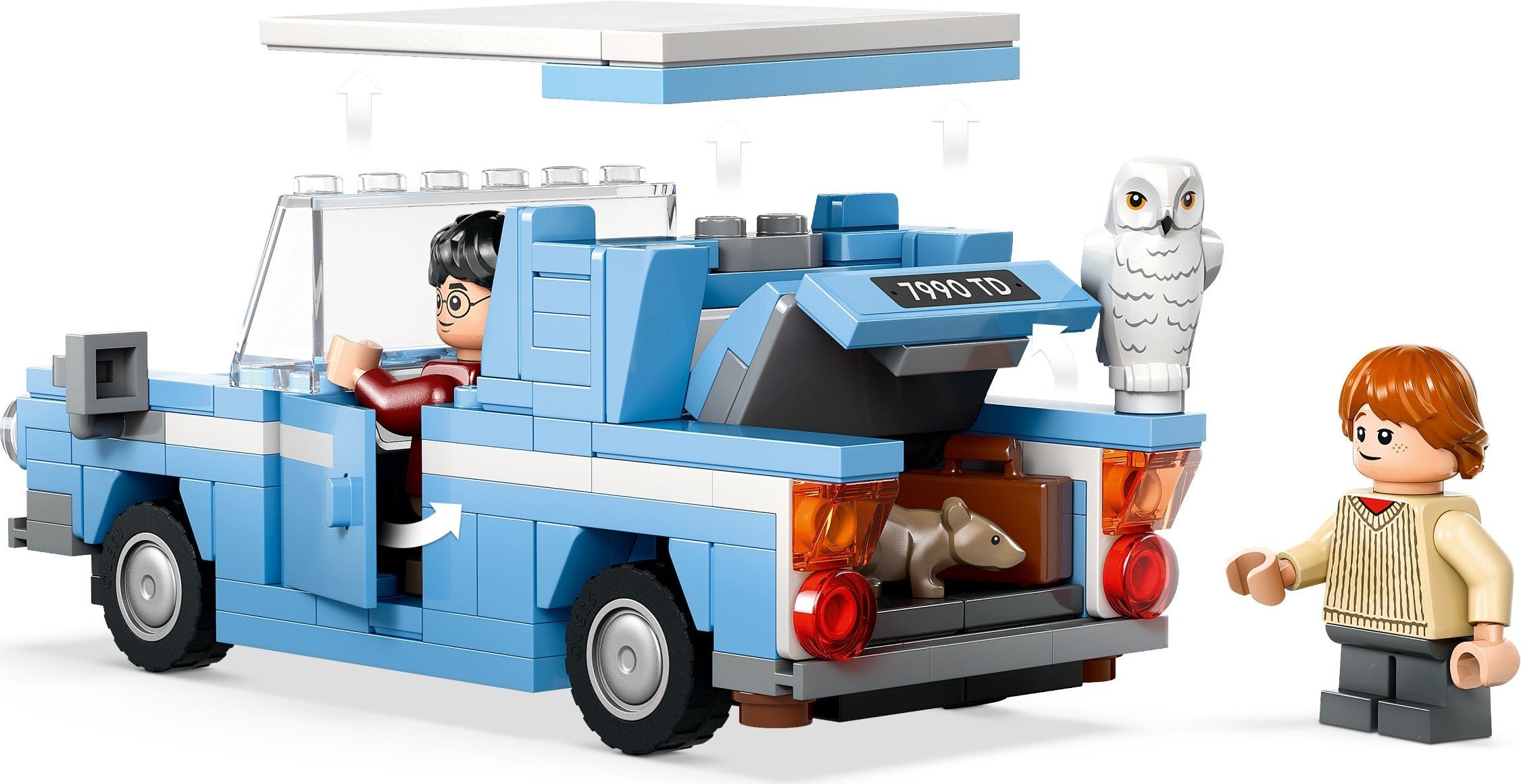 LEGO model of a blue car with characters and items inside on a white background
