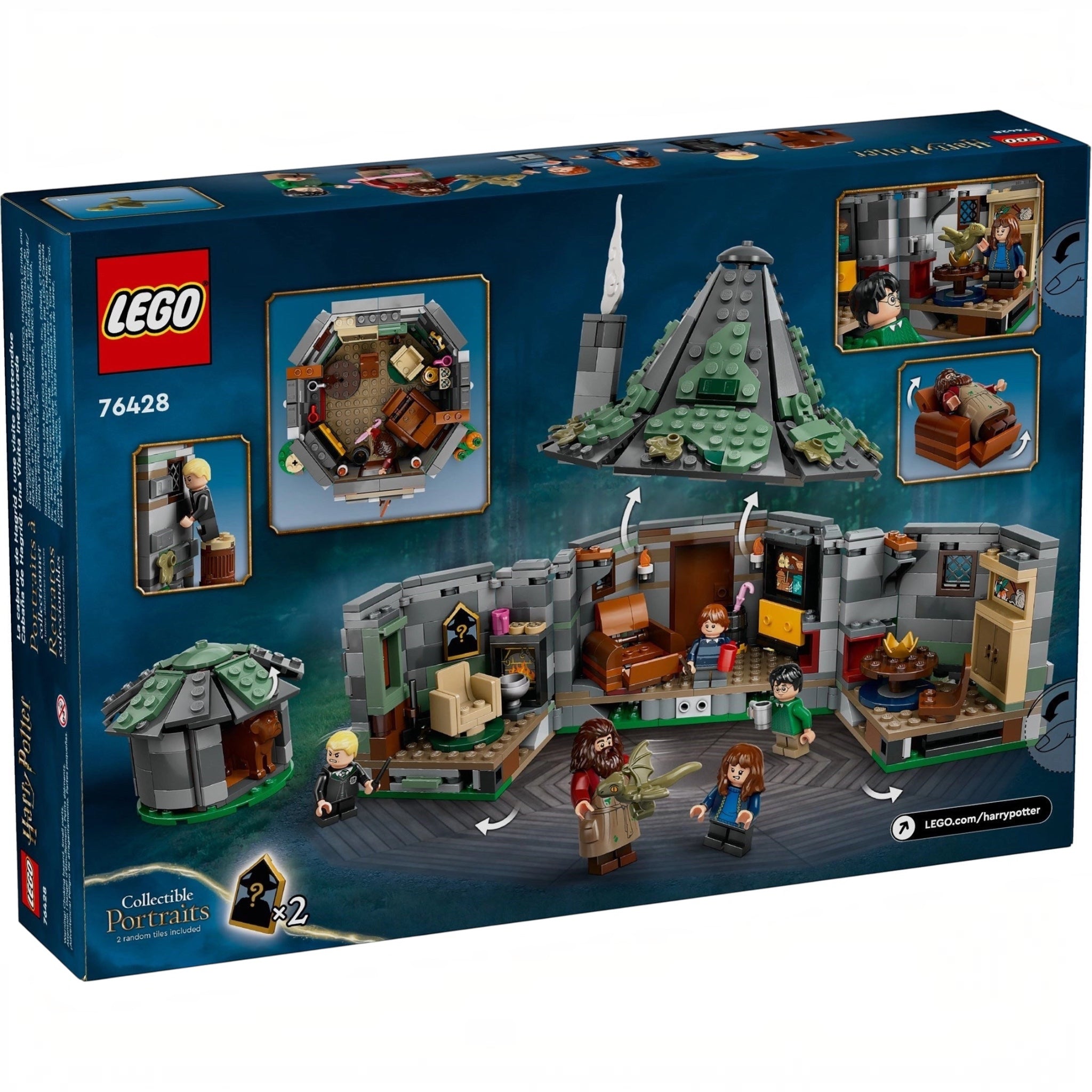 LEGO Harry Potter set packaging with multiple views and characters on a blue background