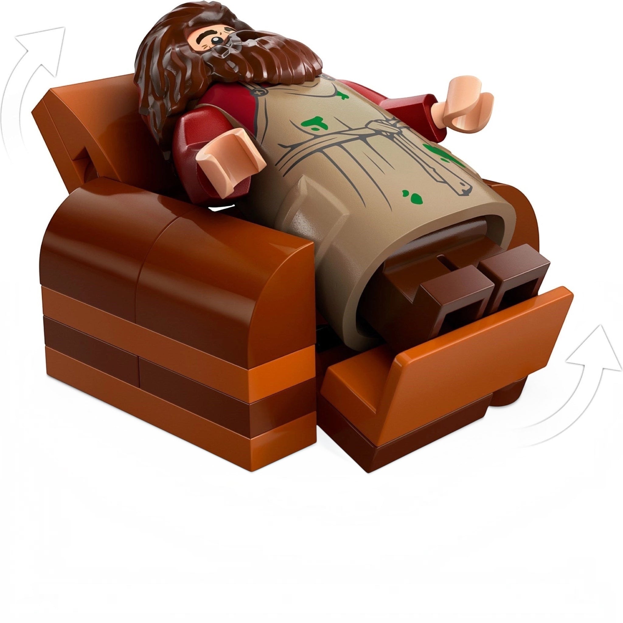 LEGO figure of a character with a long beard sitting in a brown armchair on a white background