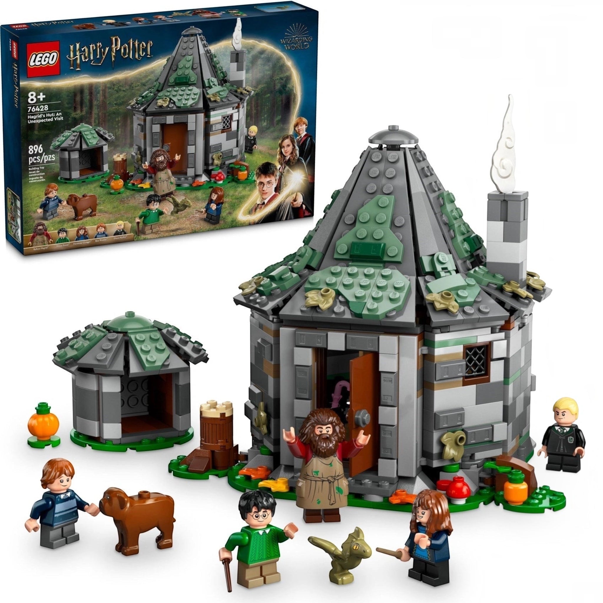LEGO Harry Potter set with model house, characters, and packaging on a white background