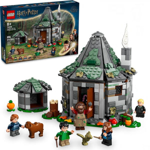 LEGO Harry Potter set with model house, characters, and packaging on a white background