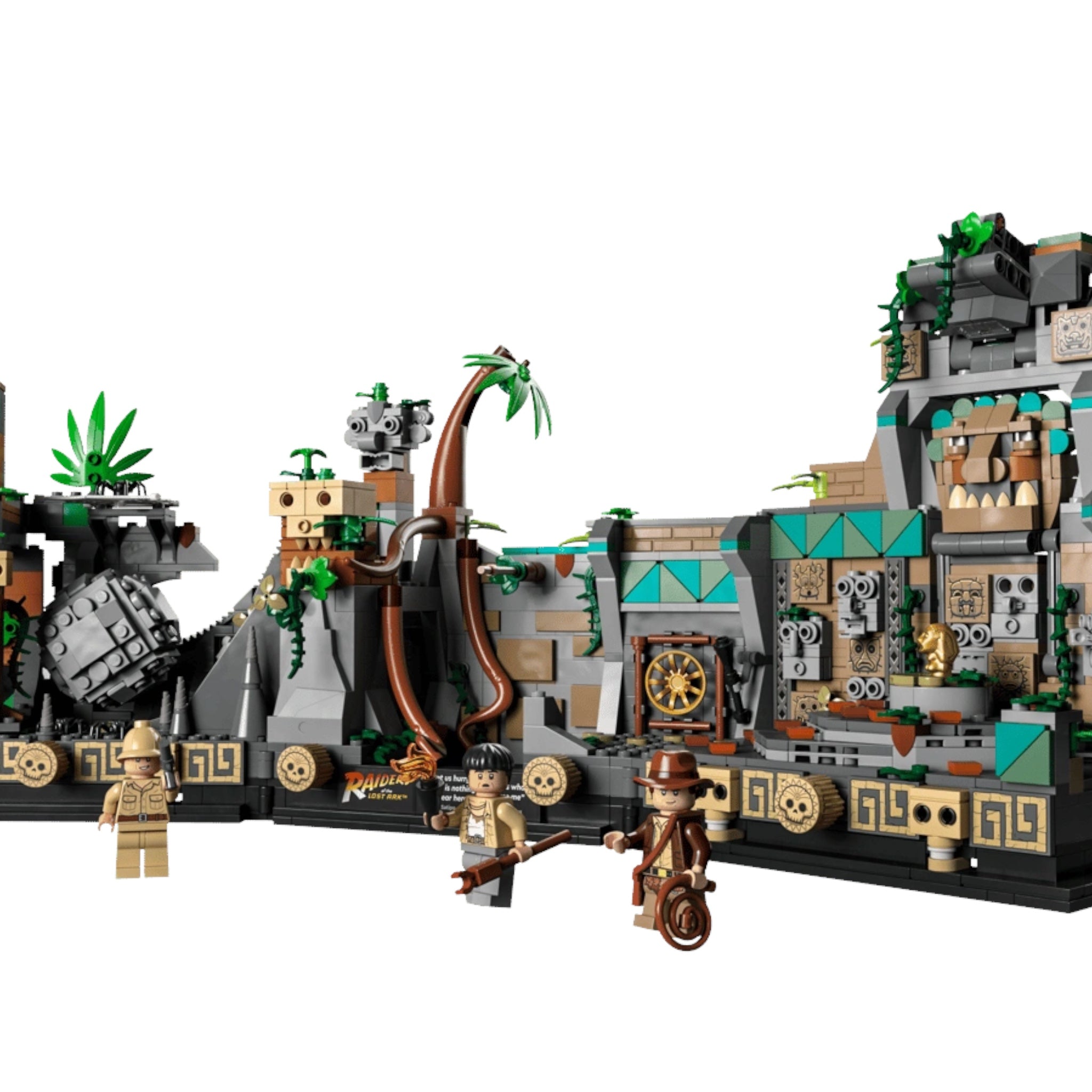 Toy set with a jungle theme featuring buildings, characters, and a dragon-like creature on a white background.