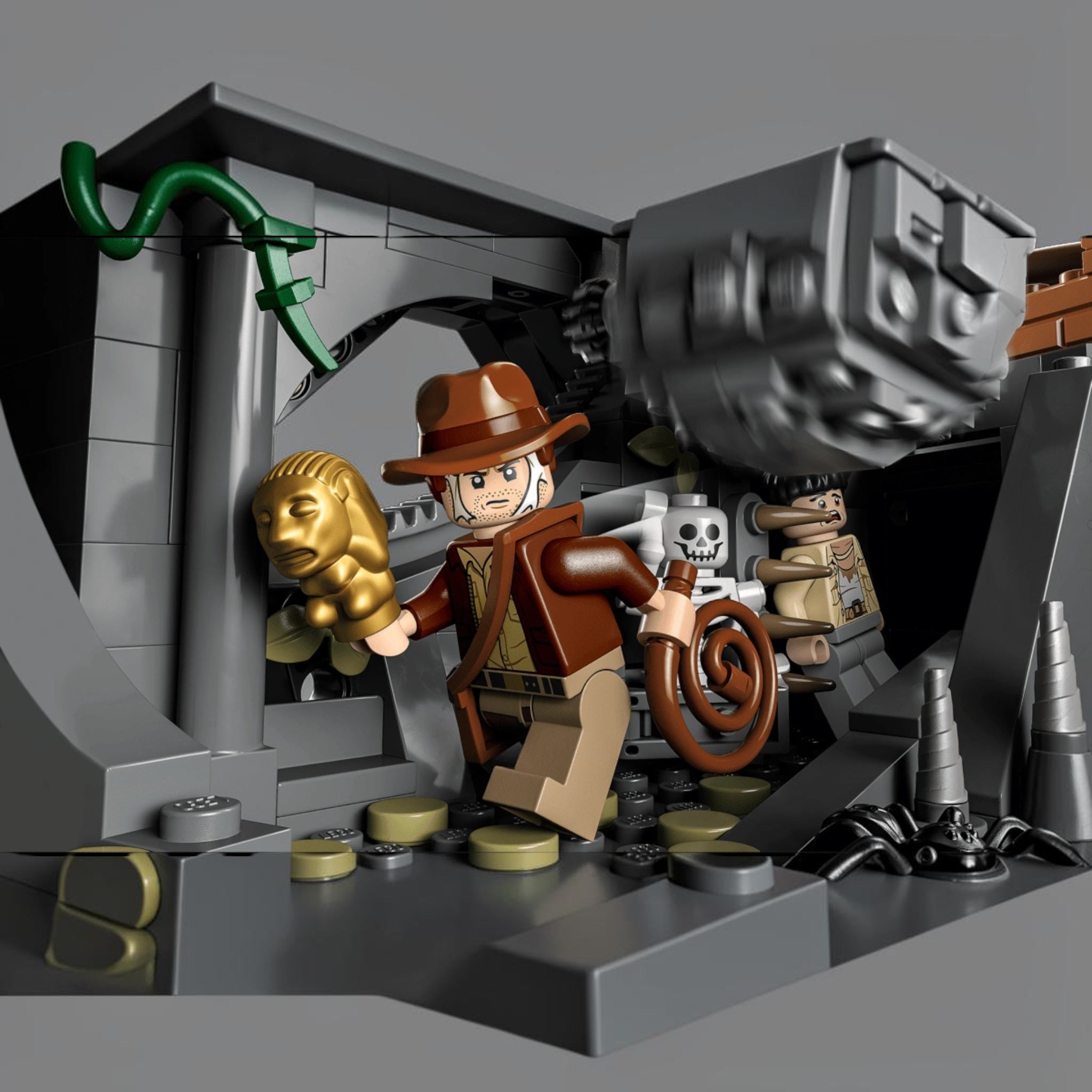 LEGO figure of a explorer with a golden lion head in an adventurous setting