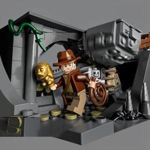 LEGO figure of a explorer with a golden lion head in an adventurous setting