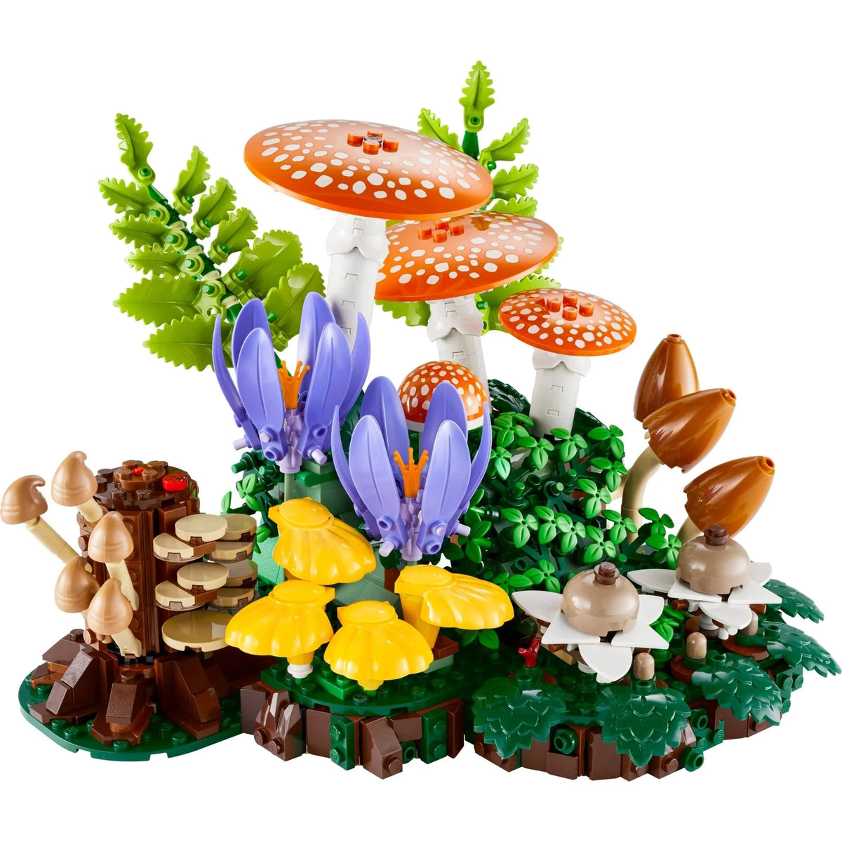 [built-white] LEGO forest scene with mushrooms and flowers on a white background