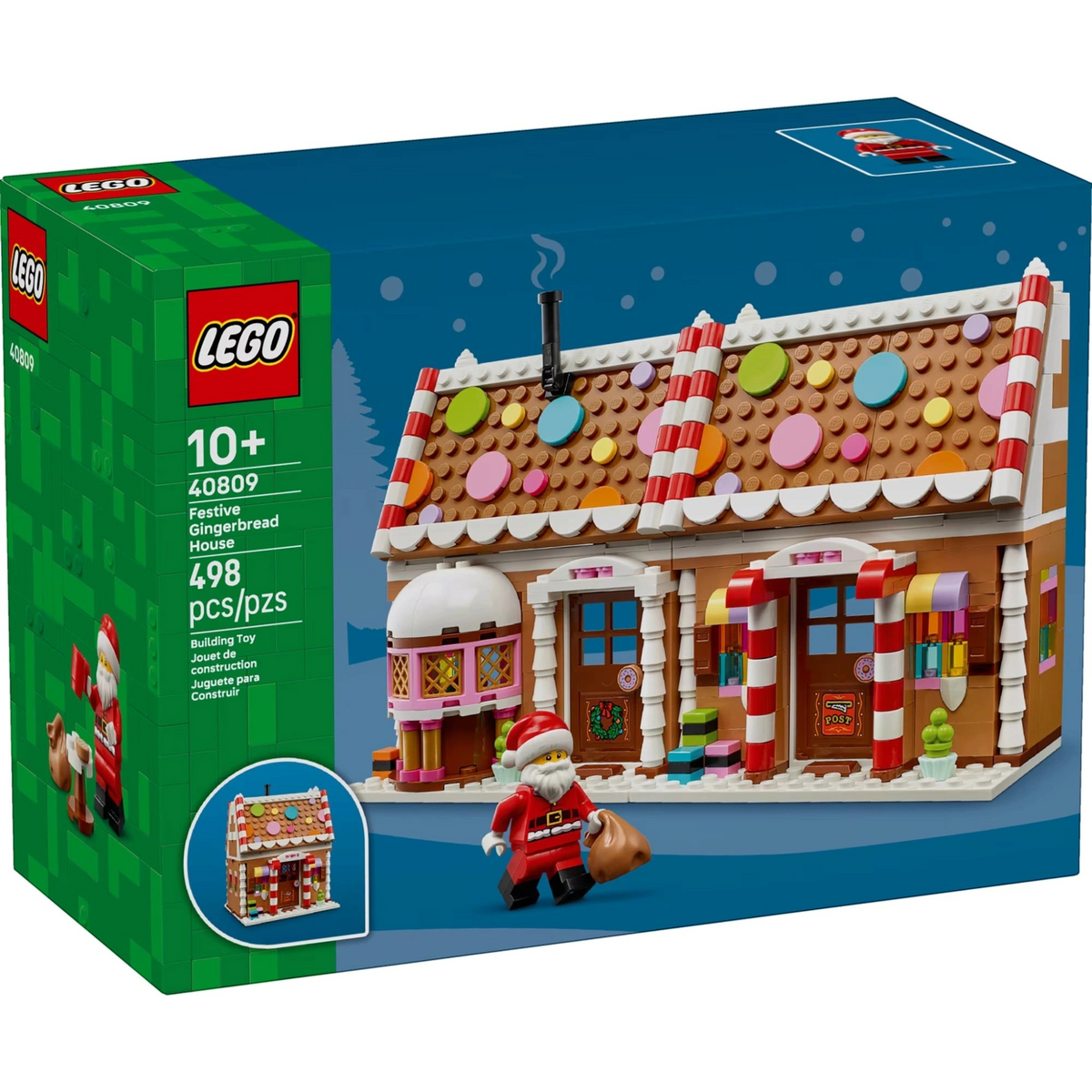 [box-front] LEGO 40809 Festive Singlebread building toy set in its original retail box, featuring a gingerbread house with candy decorations, a Santa minifigure, and a green side panel on a blue background.