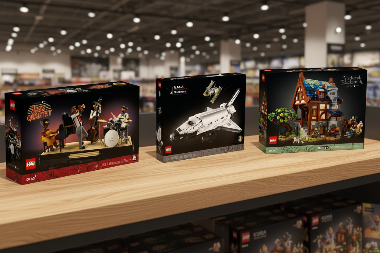 Three LEGO model boxes displayed side by side on a white background