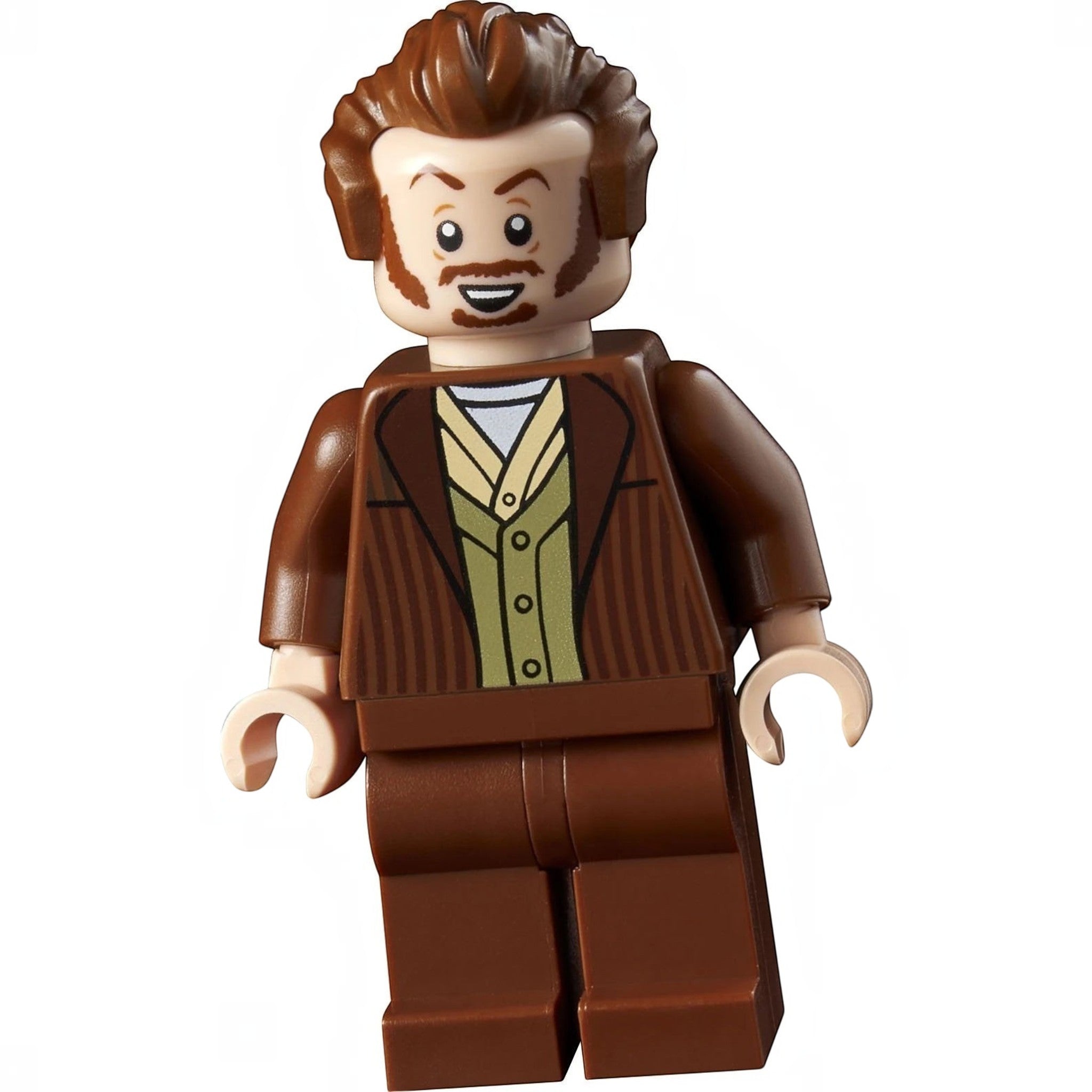 A Brick Apart LEGO Home Alone Harry minifigure with brown suit and detailed facial expression