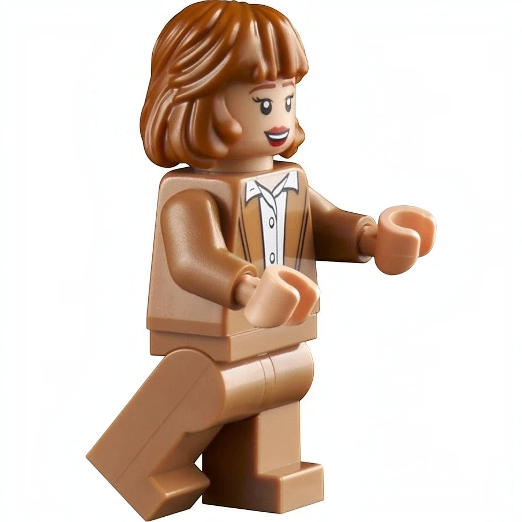 A Brick Apart LEGO Home Alone Kate McCallister minifigure with brown hair and a brown jacket on a white background