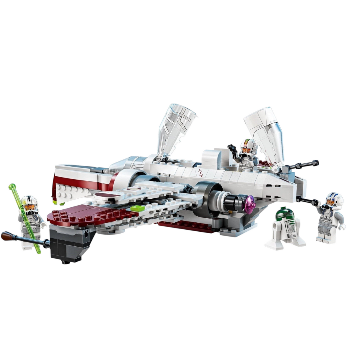 [built-angle] A Brick Apart LEGO Star Wars ARC-170 Starfighter set with opening cockpits, adjustable wings, and three minifigures.