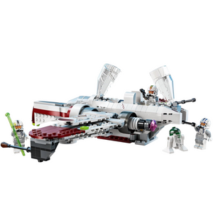 [built-angle] A Brick Apart LEGO Star Wars ARC-170 Starfighter set with opening cockpits, adjustable wings, and three minifigures.