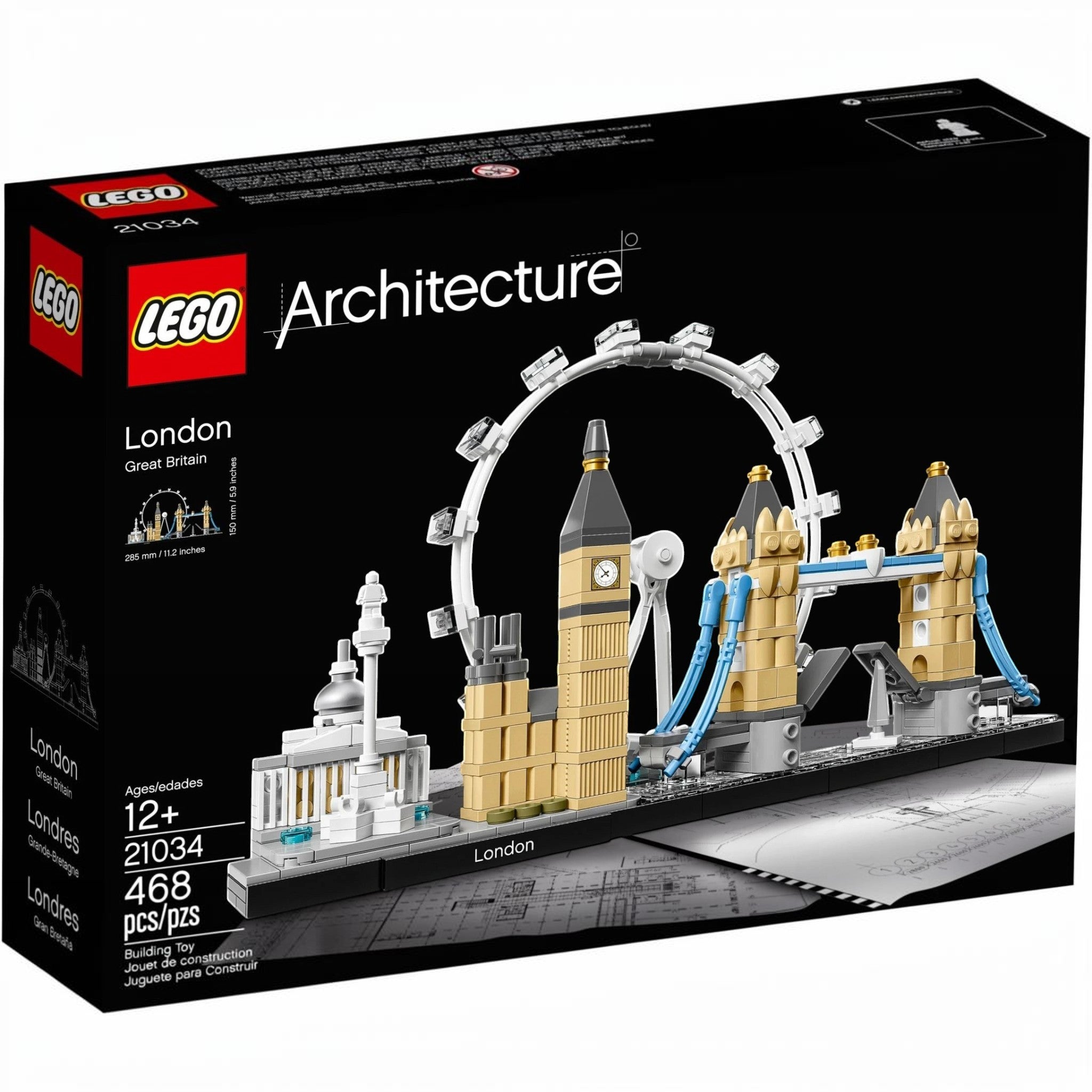 A Brick Apart LEGO Architecture London skyline set featuring Big Ben, London Eye, and Tower Bridge on a display base.