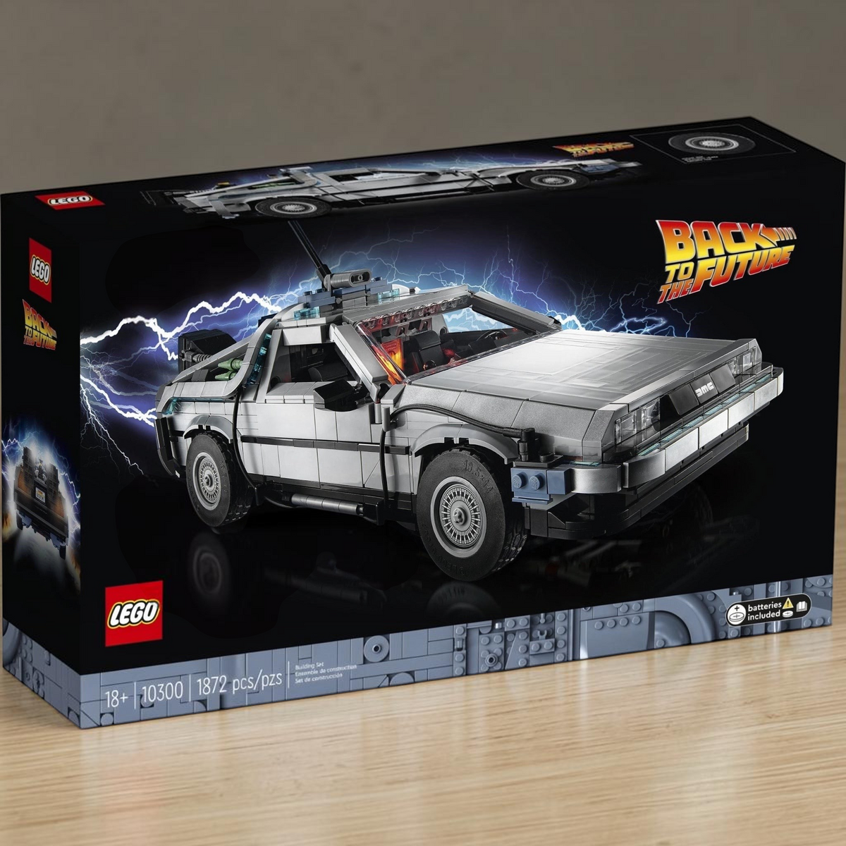 [lifestyle-shelf-box] A Brick Apart LEGO Back to the Future Time Machine set box featuring the iconic silver car with gull-wing doors.
