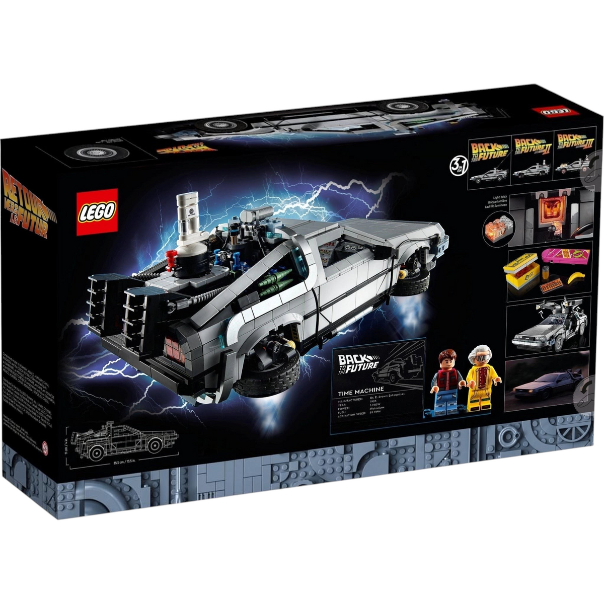 [box-back] A Brick Apart LEGO Back to the Future Time Machine set box featuring the iconic silver car with gull-wing doors.