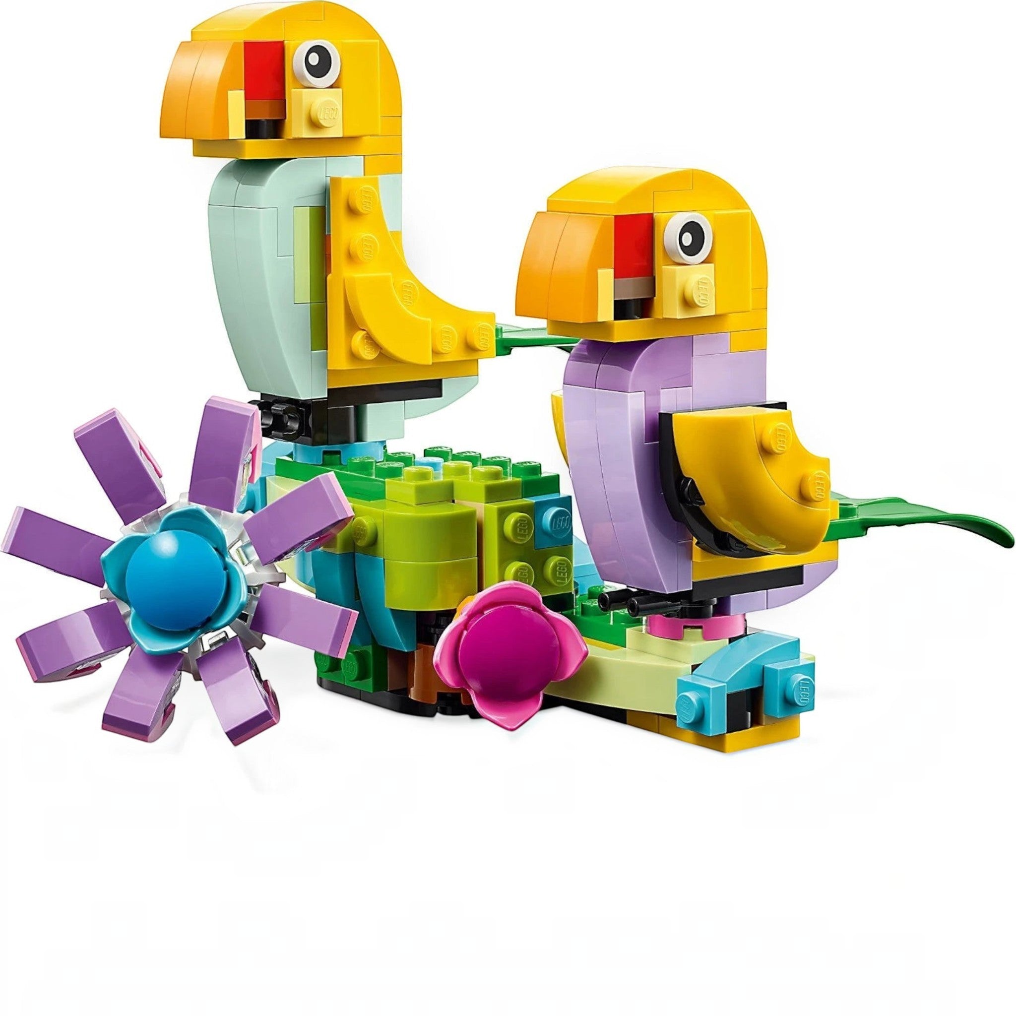 A Brick Apart LEGO Creator 3in1 set featuring two colorful brick-built birds perched on a flower-covered base.