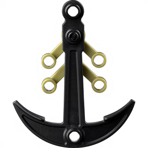 A Brick Apart LEGO black plastic anchor element with gold-coloured mechanical arm connectors on a white background.